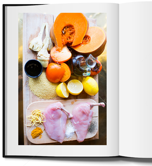 Блюдо недели: лимонный цыпленок с кускусом, артишоками, тыквой и хурмой от Дениса Калмыша (фото 1)