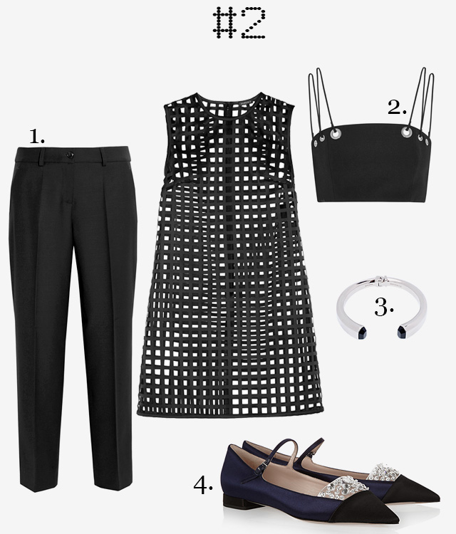 1. Брюки Boutique Moschino. 2. Кроп-топ Mugler. 3. Браслет Vita Fede (youngandbeautiful.ru). 4. Туфли Miu Miu