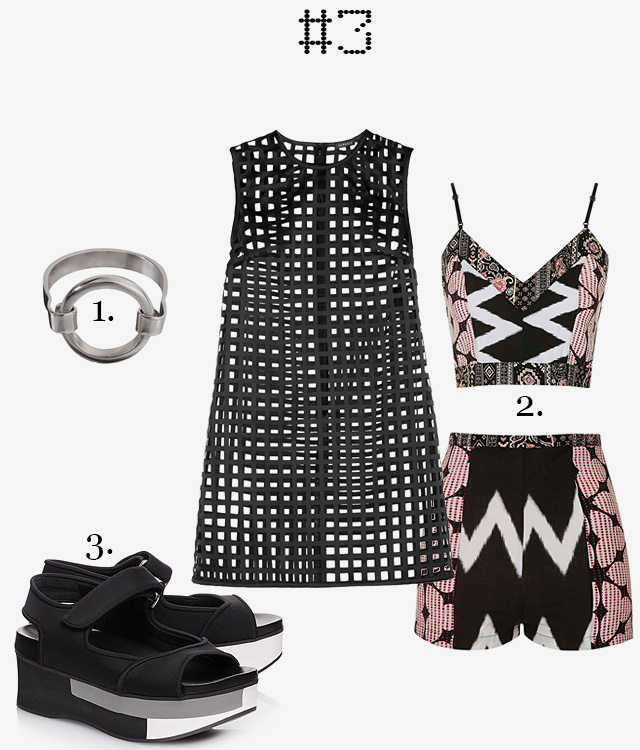 1. Кольцо Qari Qris (saharokstore.ru). 2. Топ и шорты Topshop. 3. Сандалии Marni (names.ru)