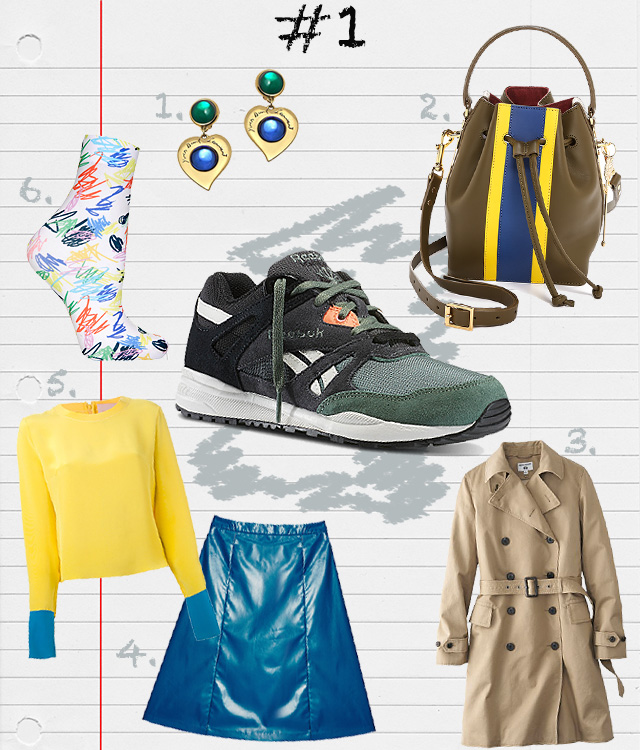 Серьги Yves Saint Laurent (VintageVoyage), сумка Sophie Hulme (Stylebop), тренч Uniqlo, юбка T&B Base (trendsbrands.ru), свитер Roksanda (Farfetch), носки Topshop Одна вещь — три образа: кроссовки Reebok Ventilator (фото 1)