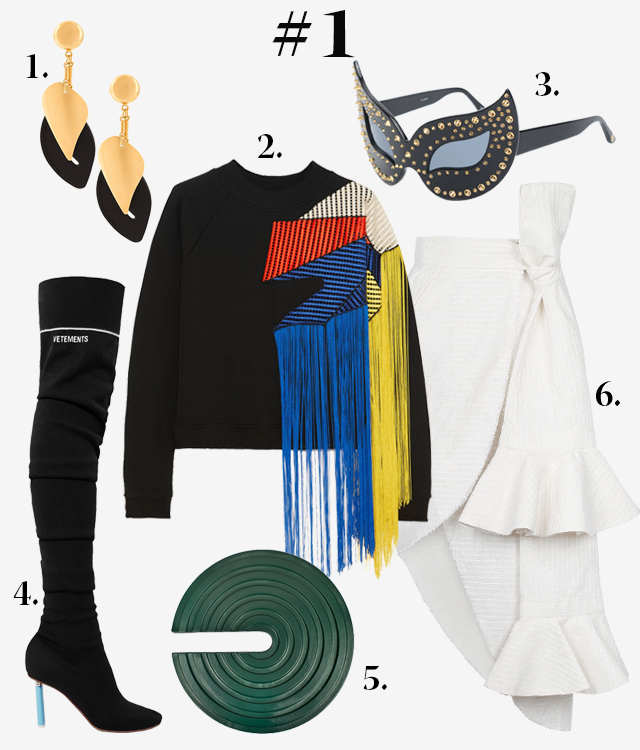 Серьги Marni (Farfetch.com), свитшот Christopher Kane («KM20»), очки Linda Farrow (SVMoscow), ботфорты Vetements, клатч Forms Studio x Ria Keburia (moreislove.com) Одна вещь — три образа: юбка J.Kim (фото 1)