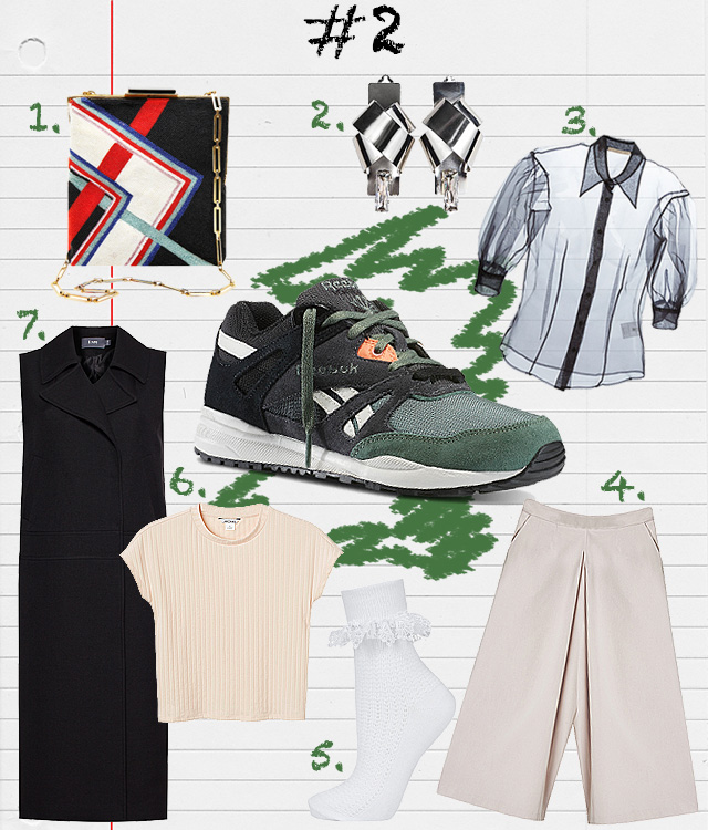 Сумка Pierre Cardin (VintageVoyage), серьги Isabelle Michel Bijoux (youngandbeautiful.ru), блуза Christopher Kane (Farfetch), кюлоты T&B Base (trendsbrands.ru), носки Topshop, топ Monki, жилет I am Studio Одна вещь — три образа: кроссовки Reebok Ventilator (фото 2)
