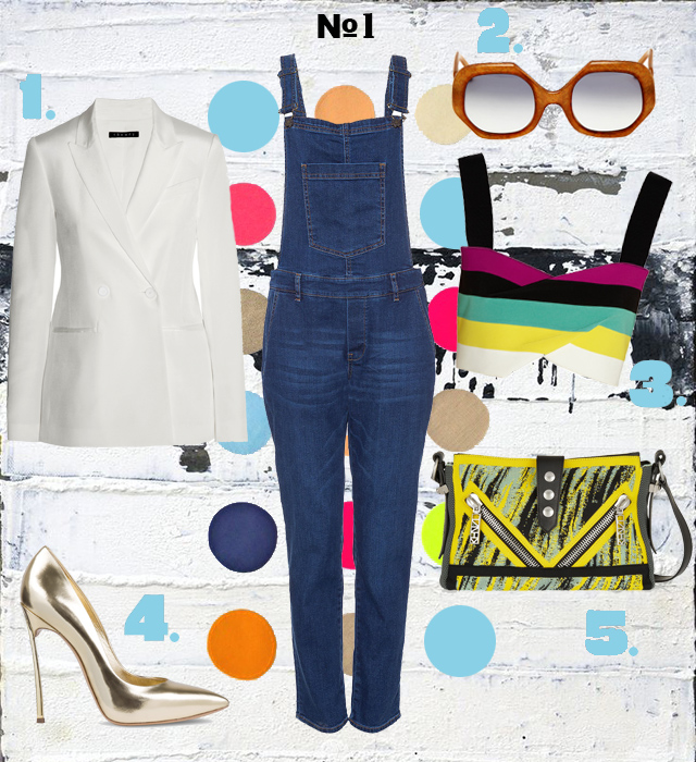 Пиджак Theory, винтажные очки Christian Dior (Vintage Voyage), топ Roland Mouret, туфли Casadei, сумка Kenzo Одна вещь — три образа: джинсовый комбинезон Paul & Joe Sister (фото 1)