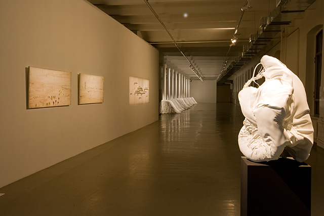 Работы Вероники Смирновой, Кати Бочавар, Дмитрия и Елены Каварга на выставке "invasion : evasion". Baibakov Art Projects, Москва, 2008