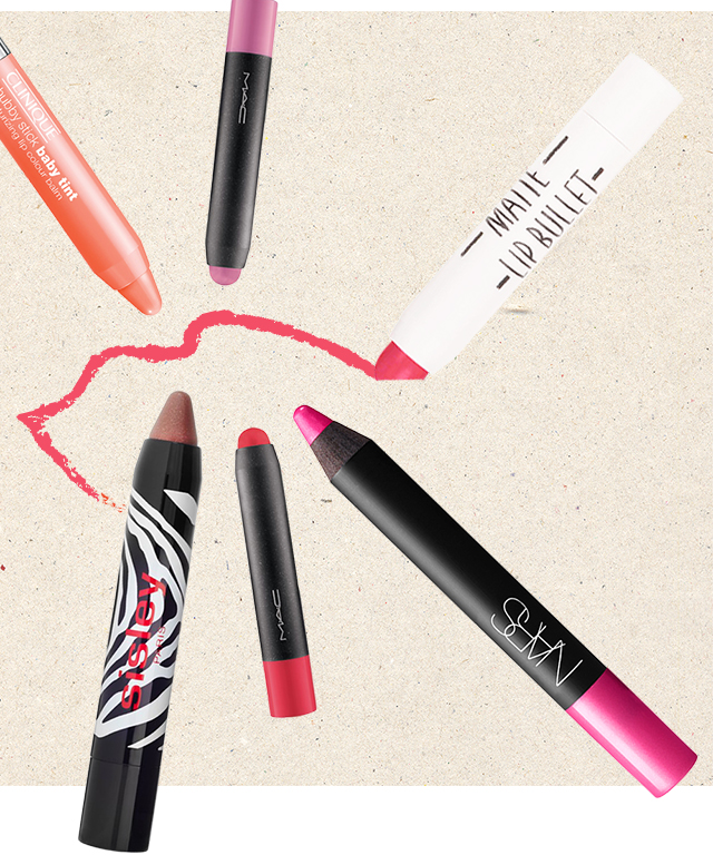 Наверху: Baby Tint от Clinique, Patentpolish Lip Pencil от M.A.C, Lip Bullet от Topshop. Внизу: Phyto Lip Twist от Sisley, Patentpolish Lip Pencil от M.A.C, Velvet Matte Lip Pencil от Nars Уроки рисования: как карандаши всех мастей завоевали бьюти-мир (фото 2)