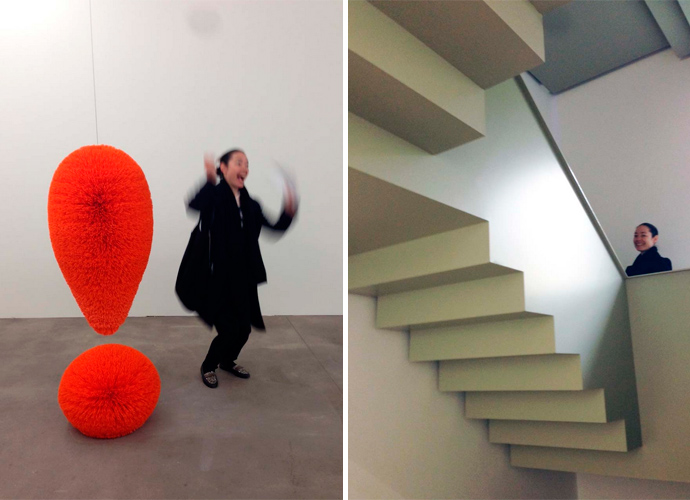 Сесилия Дин со скульптурой Ричарда Артшвагера (слева) и на лестице в SPRÜTH MAGERS (справа)