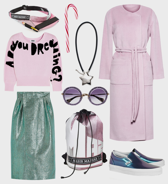 Пальто Daria Bardeeva (DressOne), свитер Sonia By Sonia Rykiel, очки Miu Miu, юбка Vika Gazinskaya, рюкзак и козырек Nasir Mazhar (КМ 20), слипоны Vans, подвеска T&B Limited Северное сияние: 5 образов для новогодней вечеринки (фото 1)