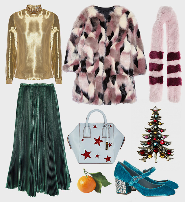 Брошь-елочка Vintage Voyage, топ ISSA, шубка Miu Miu, воротник Shrimps, юбка Rochas, сумка Stella McCartney, туфли Dolce & Gabbana Северное сияние: 5 образов для новогодней вечеринки (фото 2)