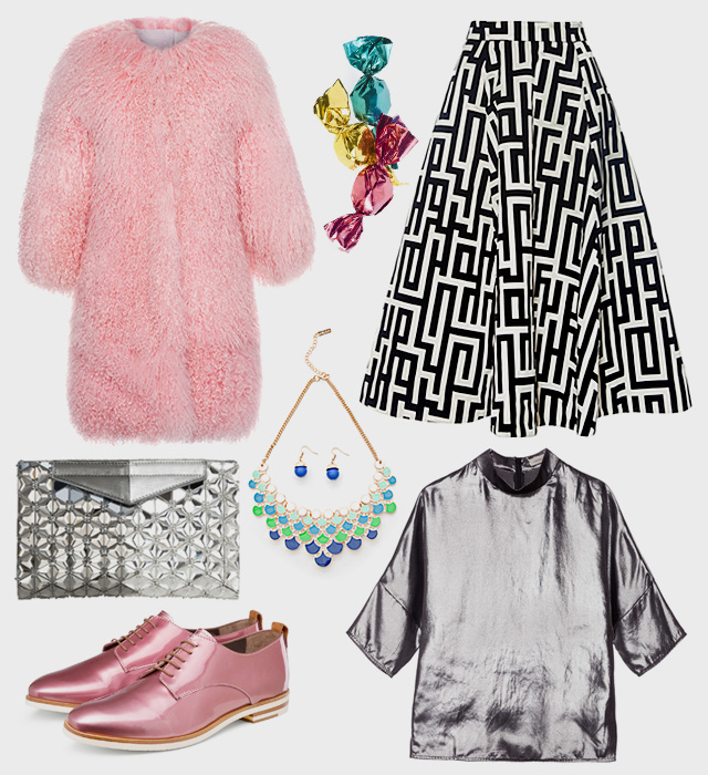 Шуба Luda Nikishina (DressOne), украшения Inloveny (TrendsBrands.ru), топ Calvin Klein, юбка Marcobologna, клатч Fendi, ботинки AGL Северное сияние: 5 образов для новогодней вечеринки (фото 3)