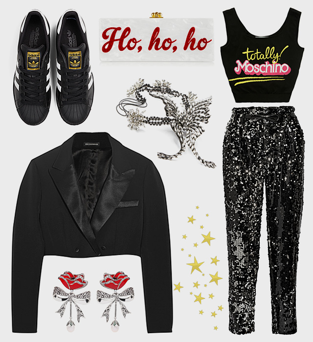 Жакет Vika Gazinskaya, топ Moschino, брюки Milly, клатч Edie Parker, кроссовки adidas Superstar, серьги Alexander Arutyunov, украшение на голову Erickson Beamon (SVMoscow) Северное сияние: 5 образов для новогодней вечеринки (фото 5)