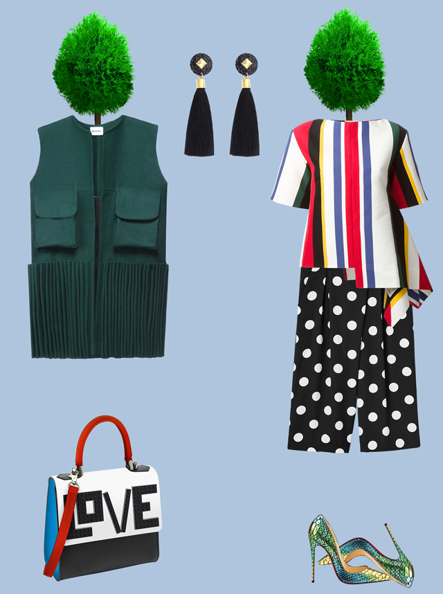 Жилет Tatuna Nikolaishvili (MORE is LOVE), топ Marni (Farfetch.com), кюлоты Monki, сумка Les Petits Joueurs (youngandbeautiful.ru), туфли Christian Louboutin, серьги Suzywan Deluxe (MORE is LOVE) 5 ярких образов, которые приблизят весну (фото 4)