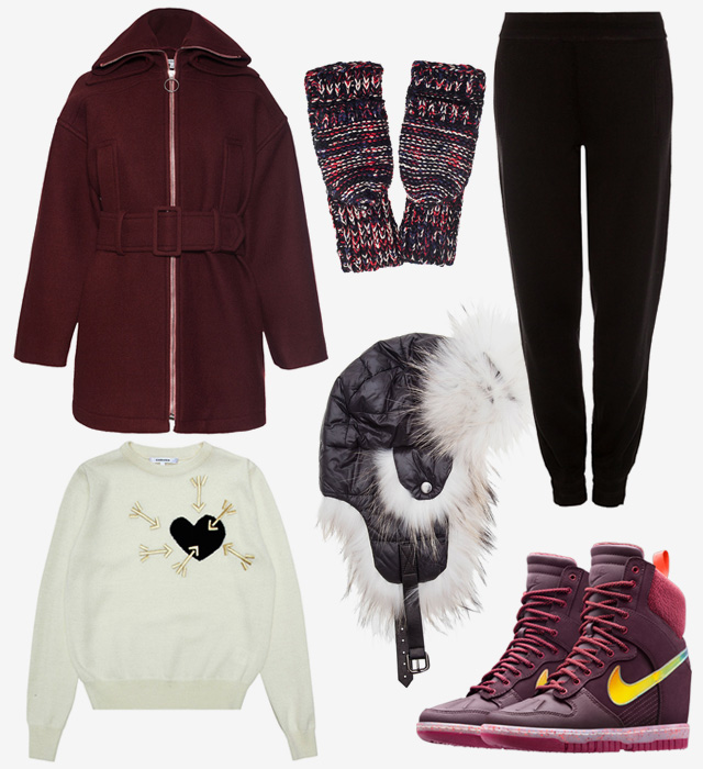 Куртка и свитер Carven, брюки Marc by Marc Jacobs, перчатки Genie by Eugenia Kim, шапка Hotel Partiqulier, кроссовки Nike