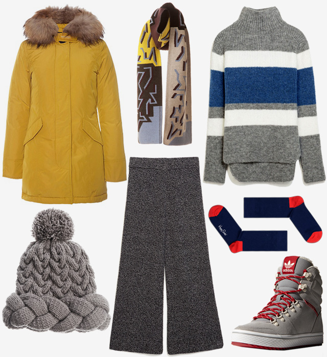 Парка Woolrich, шарф Peter Pilotto, брюки и свитер Zara, шапка 7II, кроссовки adidas Originals, носки Happy Socks 