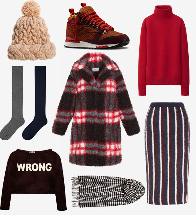 Пальто Sandro, водолазка и гольфы Uniqlo, юбка Joseph, свитер Aniye By,  шарф Glen Prince, шапка 7II, кроссовки Reebok