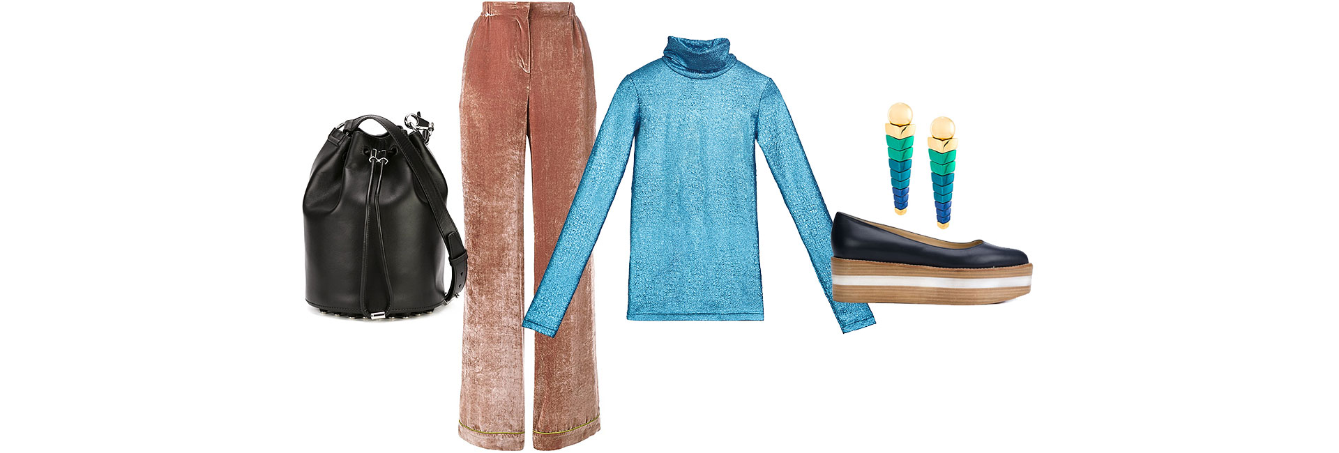 Сумка-мешок Alexander Wang; брюки из шелкового микса Alberta Ferretti; Водолазка Artem Krivda; туфли на платформе Gabriela Hearst; серьги Bex Rox Блестящий бадлон Artem Krivda Бархатные брюки Alberta Ferretti Туфли на платформе Gabriela Hearst Сумка-мешок Alexander Wang Серьги Bex Rox