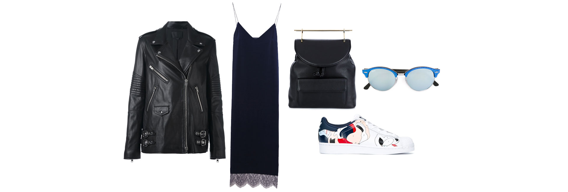 Байкерская куртка Alexander Wang; платье-рубашка Artem Krivda; кроссовки Adidas Originals; рюкзак M2malletier; солнцезащитные очки Ray Ban Как носить одежду российских дизайнеров: Artem Krivda (фото 1)