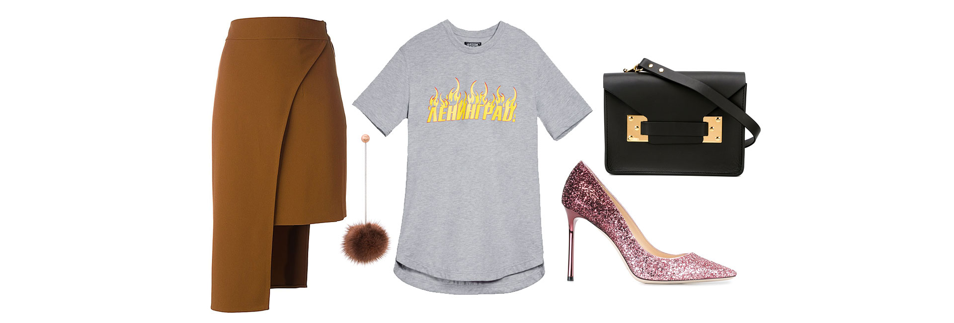 Юбка Cushnie Et Ochs; серьга Irene; футболка Artem Krivda; туфли-лодочки Jimmy Choo; сумка Sophie Hulme Как носить одежду российских дизайнеров: Artem Krivda (фото 2)