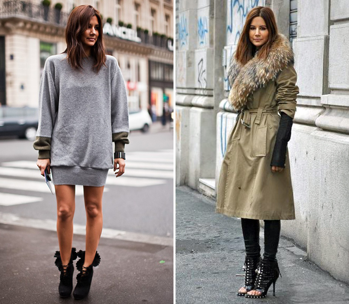 Кристин Сентенера в платье-свитере и пальто