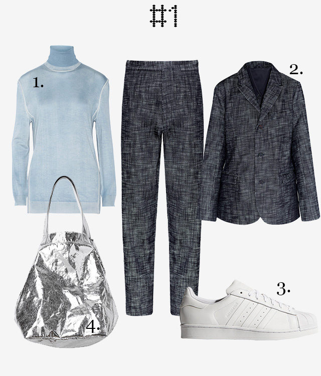 1. Водолаза Bottega Veneta; 2. Пиджак Title A (Aizel.ru); 3. Кроссовки adidas Superstar; 4. Сумка Monki Одна вещь — три образа: брюки Title A (фото 1)