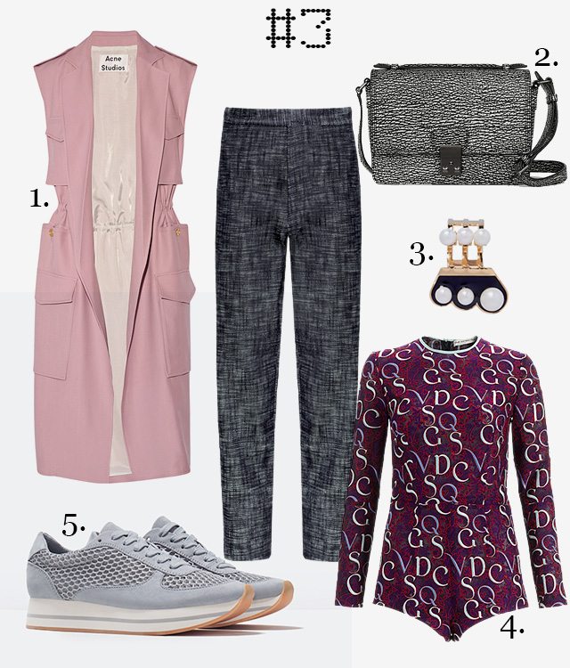 1. Жилет Acne Studios; 2. Сумка 3.1 Phillip Lim; 3. Кольцо Crystalline; 4. Боди Mary Katrantzou (SVMoscow); 5. Кроссовки Zara Одна вещь — три образа: брюки Title A (фото 3)
