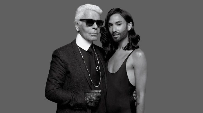 Кончита Вурст и беременная Эшли Гуд в съемке Карла Лагерфельда