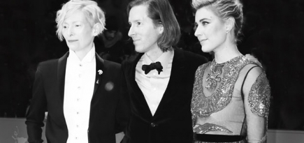 Уэс Андерсон, Тильда Суинтон и Грета Гервиг на открытии Берлинского кинофестиваля