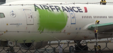 Активисты Greenpeace в знак протеста раскрасили припаркованный самолет Air France в зеленый цвет