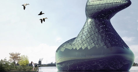 Гигантская утка-коллектор в гавани Копенгагена