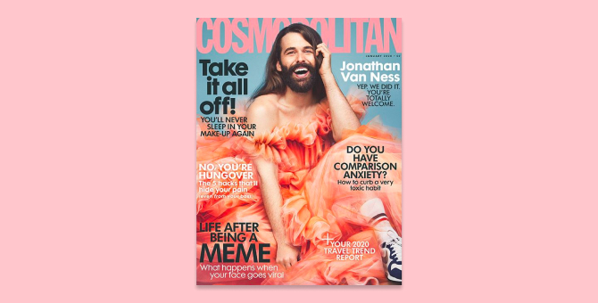 Джонатан ван Несс позирует в платье и кроссовках на обложке британского Cosmopolitan