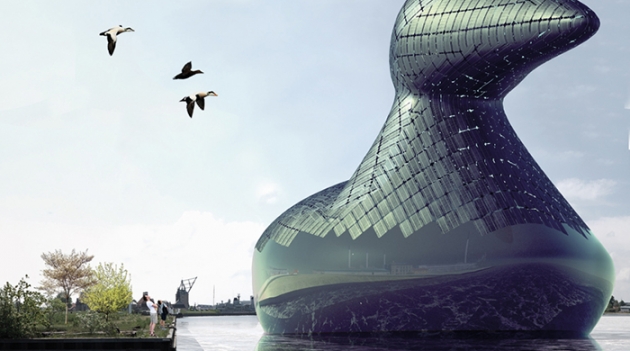 Гигантская утка-коллектор в гавани Копенгагена