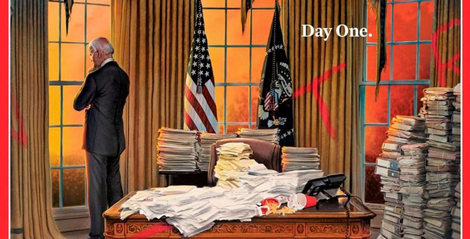 Time поместил на обложку иллюстрацию первого дня Джо Байдена в должности президента США