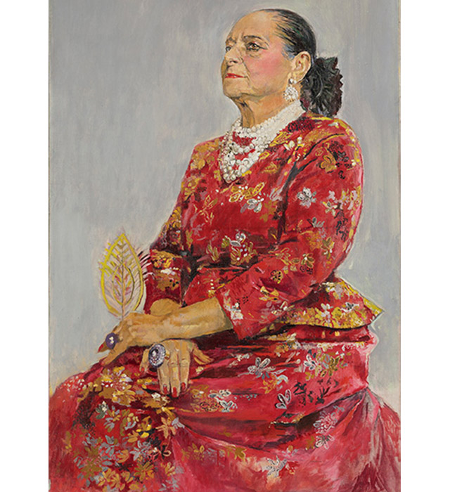 Грэхем Сазерленд, Портрет Элены Рубинштейн в вышитом красном платье Balenciaga, 1957