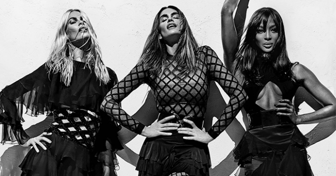 Клаудия Шиффер, Синди Кроуфорд и Наоми Кэмпбелл в кампании Balmain